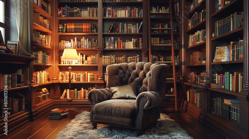 A cozy reading nook with floor-to-ceiling bookshelves and a plush, oversized armchair as the focal point.