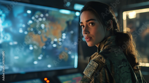 Amidst the controlled chaos of the command center, the young woman in military attire stands at the interactive whiteboard, her expression focused as she disseminates critical info