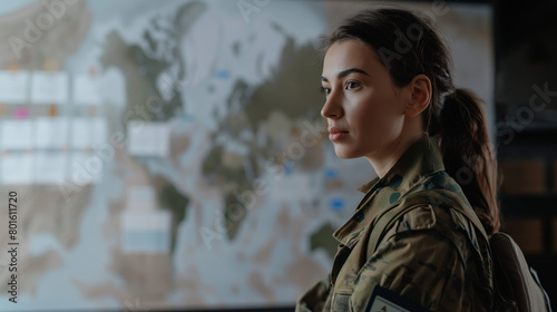 Against the backdrop of mission maps and operational charts, the young woman in military garb stands at the interactive whiteboard, her aura of confidence and competence inspiring