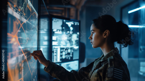 With the glow of digital displays illuminating the room, the young woman in uniform stands at the interactive whiteboard, her voice commanding as she outlines contingency plans and