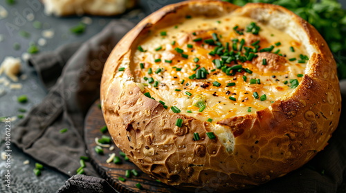 Creamy broccoli cheddar soup served in a bread bowl with a sprinkle of chives.