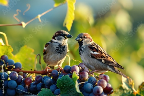 Ripe grapes. Vineyard. Sparrow. bird. Winemaking. Fruits .