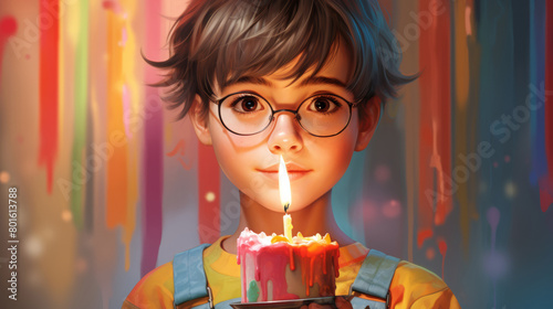 Girl with short haircut wearing glasses celebrating her birthday. Holding a homemade rainbow cake on a rainbow background.
