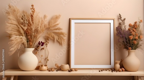 A replica of an empty wooden picture frame is suspended on a beige wall. Table with dried flowers and a bohemian-shaped vase. A coffee cup. Working place, home office. artwork and poster displays. con