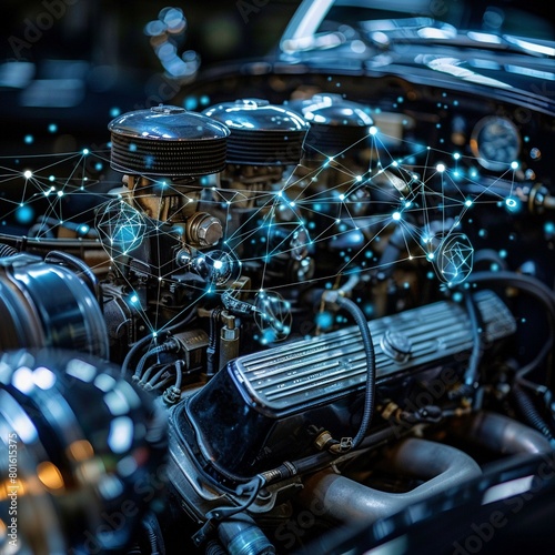 Closeup of a vintage cars engine, overlaid with a digital blockchain network illustrating part authentication , close up