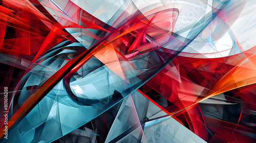 An abstract composition of luxurious style, integrating soft, fluid lines with geometric shapes, in a vivid color palette of crimson red and sky blue, captured with advanced HD camera techniques
