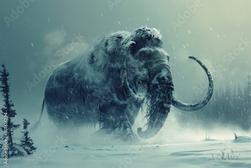 Witness the grandeur of a Woolly Mammoth standing tall against a backdrop of a frozen waterfall, its tusks gleaming in the icy light