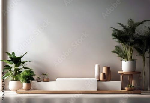 '3d plants podium wall design furniture minimal mockup rendering poduim three-dimensional dais with and plant wallpaper background interior room chair table'
