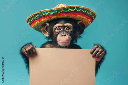 a monkey portrait wearing a sombrero hat and mexican style clothing holding a blank promotion sign