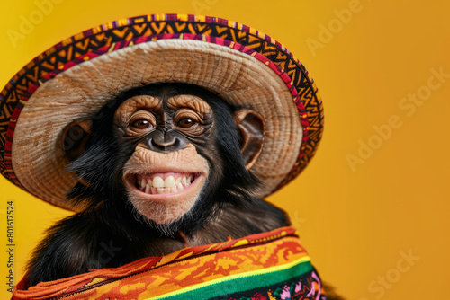 a monkey portrait wearing a sombrero hat and mexican style clothing