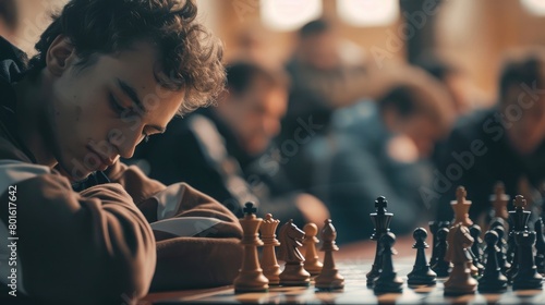A captivating image of a chess tournament, its competitive atmosphere and focused participants showcasing the intensity of the game on International Chess Day.