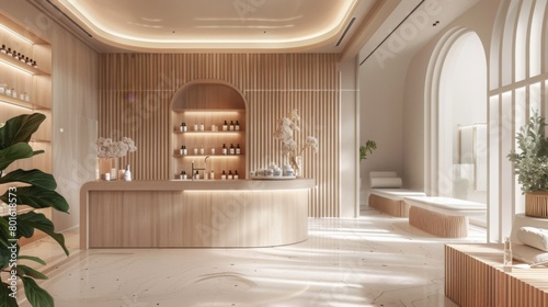 A serene spa reception area featuring a wooden desk, archway entrances, and minimalist decor illuminated by natural light.