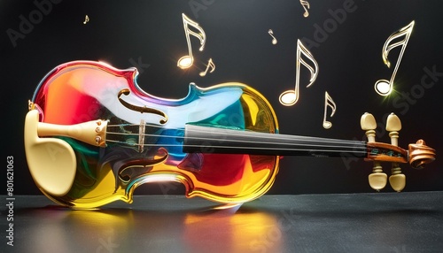 make an image of a violin made of colored glass with gold music note floating around it