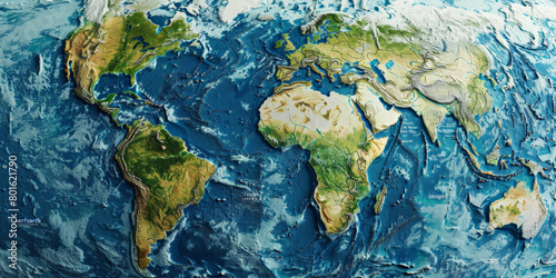 Satellite image showcasing continents Africa, Europe, Asia and surrounding oceans and seas.