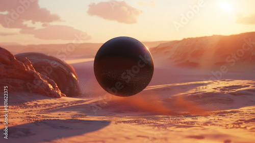 A black ball is rolling on the sand in a desert