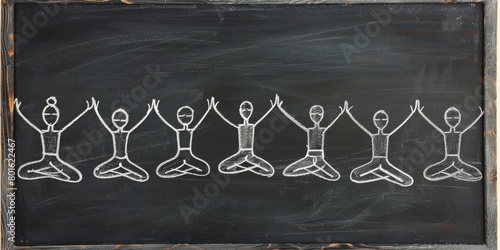A chalk drawing on the blackboard of stick figures of several people doing yoga