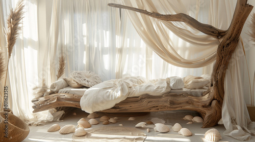 A coastal-themed bedroom with a driftwood bed frame, seashell decor, and billowing white curtains.