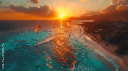 Kite surfers at sunset, dynamic moves over crystal-clear waters, embodying freedom and adventure