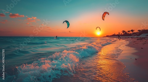 Kite surfers at sunset, dynamic moves over crystal-clear waters, embodying freedom and adventure