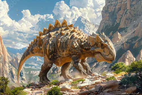 Capture the serene scene of an Ankylosaurus foraging for plants in a lush forest, illustrating the gentle feeding habits and herbivorous nature of these well-protected giants