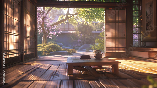 A Japanese tea room with tatami mats, sliding shoji screens, and a low wooden table.
