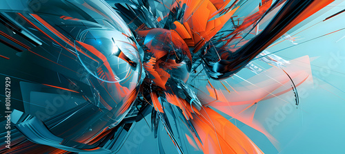 High-definition abstract art featuring bold, crisp geometric figures and flowing lines in an eye-catching combination of cool blue and bright orange