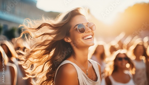 ein sympathische hübsche Frau mit Sonnenbrille und wehenden Haare lächelnd auf eine fest. 