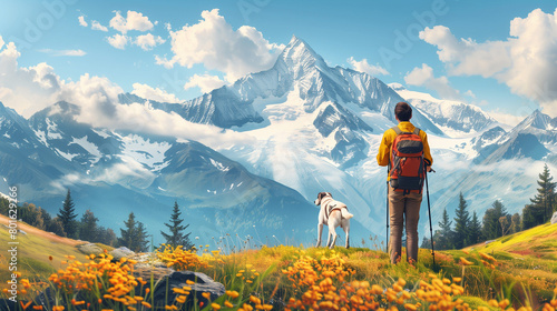  A man and a dog hiking in beautiful mountain landscape, man with tourist backpack hiking on spring wild field together with a dog. The concept of the campaign, hiking , spring traveling and nature