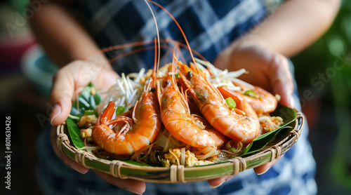shrimp pad thai on plate in hands, traditional thai food