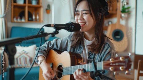Asian woman influencer play guitar music use microphone record with smartphone for online audience listen at home. Female podcaster make audio podcast from her home studio, Stay at home concept.