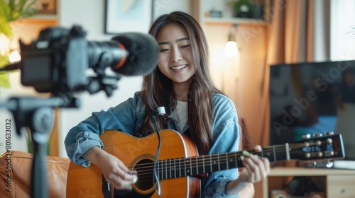 Asian woman influencer play guitar music use microphone record with smartphone for online audience listen at home. Female podcaster make audio podcast from her home studio, Stay at home concept.