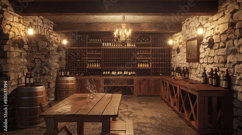 A rustic wine cellar with wooden wine racks, dim lighting, and a tasting table.