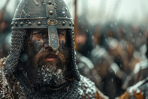 Portrait of a Slavic male warrior in a chain mail: the image of a strong and courageous image of a warrior, embodying the ancient Slavic culture and the spirit of warriorhood.