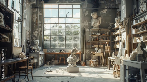 A picturesque view of a sculptor's studio filled with unfinished sculptures and tools, capturing the essence of creativity and craftsmanship on National Creativity Day.