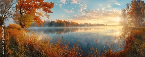 Panorama landscape of vernal equinox by the lake, photography Colorful sun light high detail landscape background