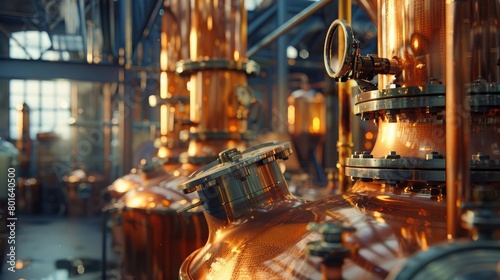 A picturesque view of a whisky distillery's copper stills, with the intricate machinery reflecting the warm hues of the surrounding environment.