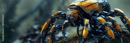 A close up of a robotic spider with yellow and black markings