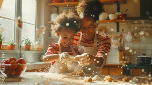 A vibrant kitchen scene where a mother and her daughter, aprons on, are playfully baking cookies together, flour dusting their noses, capturing the warmth and fun of shared activities.