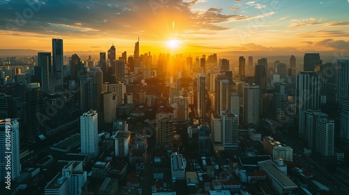 the city skylines are illuminated by the sun's rays
