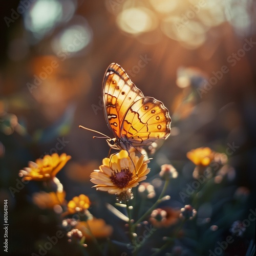 a butterfly rests on a flower as the sun is setting