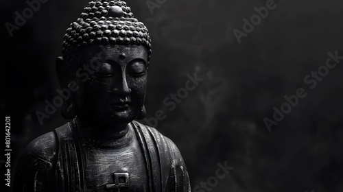 Monochrome Buddha statue with blurred black dark background