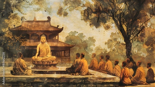 Serene Buddhist temple scene with monks meditating around a Buddha statue in a peaceful setting