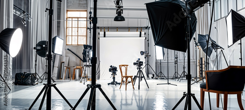 Professional Photo Studio Background. Photography Equipment in Studio Setting. Cameras, Lights, and Backdrop Setup for Professional Photo or Video Production
