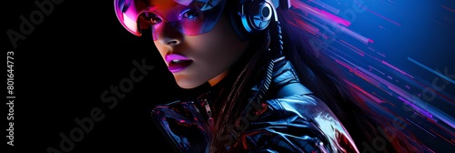 Futuristic female dj showcasing avant-garde style with neon lights, capturing the essence of edm and techno music, ideal for album artwork and music-related visuals