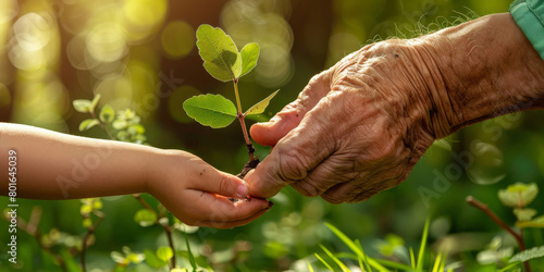 A young child's hand giving a seedling to an old man, with a green natural background and concept of copy space, environmentally friendly ecology.