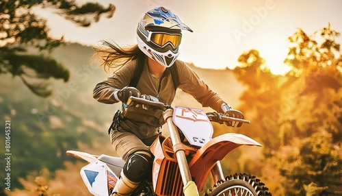 Hübsche Frau mit lange Haare, Sonnenbrille in eine Motocross unterwegs.
