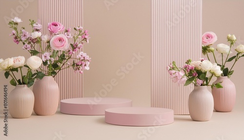 3d podium display pastel pink and beige background with flowers and decorative vases minimal pedestal for beauty product fashion feminine copy space template 3d render