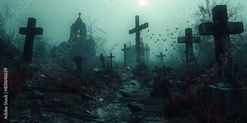 crosses cemetery lot trees gehenna best fog ancient ruins frightful courtyard post apocalyptic city streaming fiendish