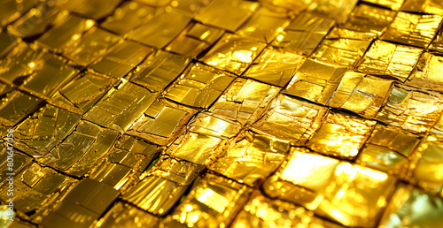 Sparkling Gold Texture Background. Close-Up of a Surface Covered with Golden Tiles, Highlighting Light Reflections and Irregular Shapes