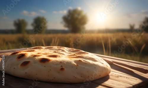 Naan bread, on the table against a field of wheat, against the blue sky